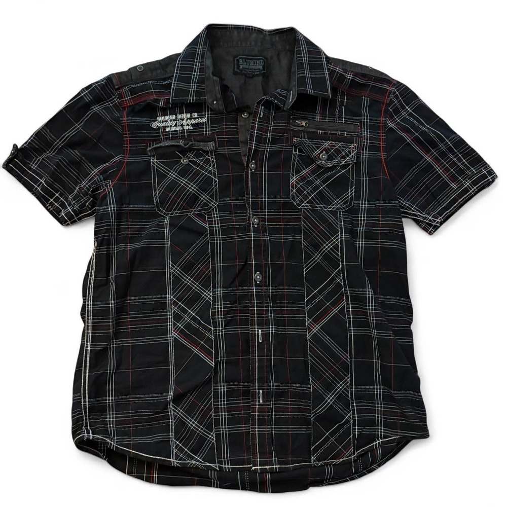 BluMind Vintage Y2K Black Plaid Short Sleeve Button Up Utility Shirt Mens M